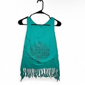 Bit & Bridle Teal Fringe Tank with Studded Geometric Front